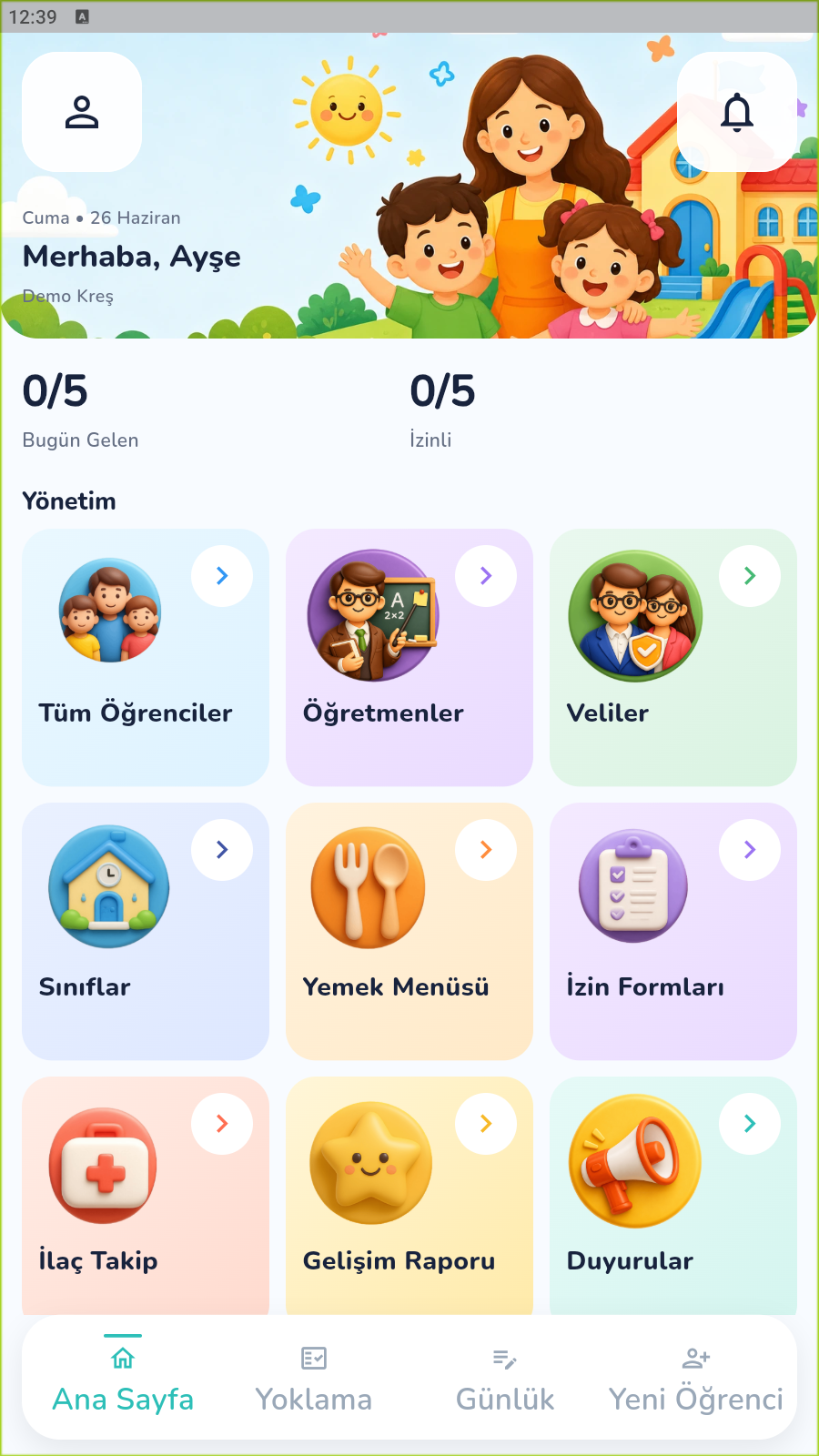 e-yuva yönetici ana sayfa ekranı